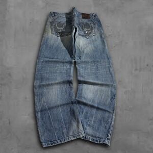 Y2k 2000s Vintage Baggy Jeans Denim‎ Japanese Embroidered Size 36x33